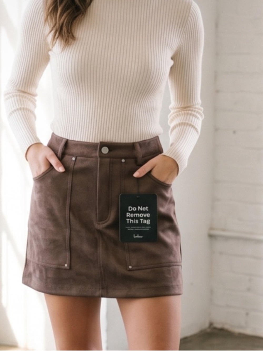 Brand new Lulu's Brown Suede-Look Mini Skirt with Front Pockets
